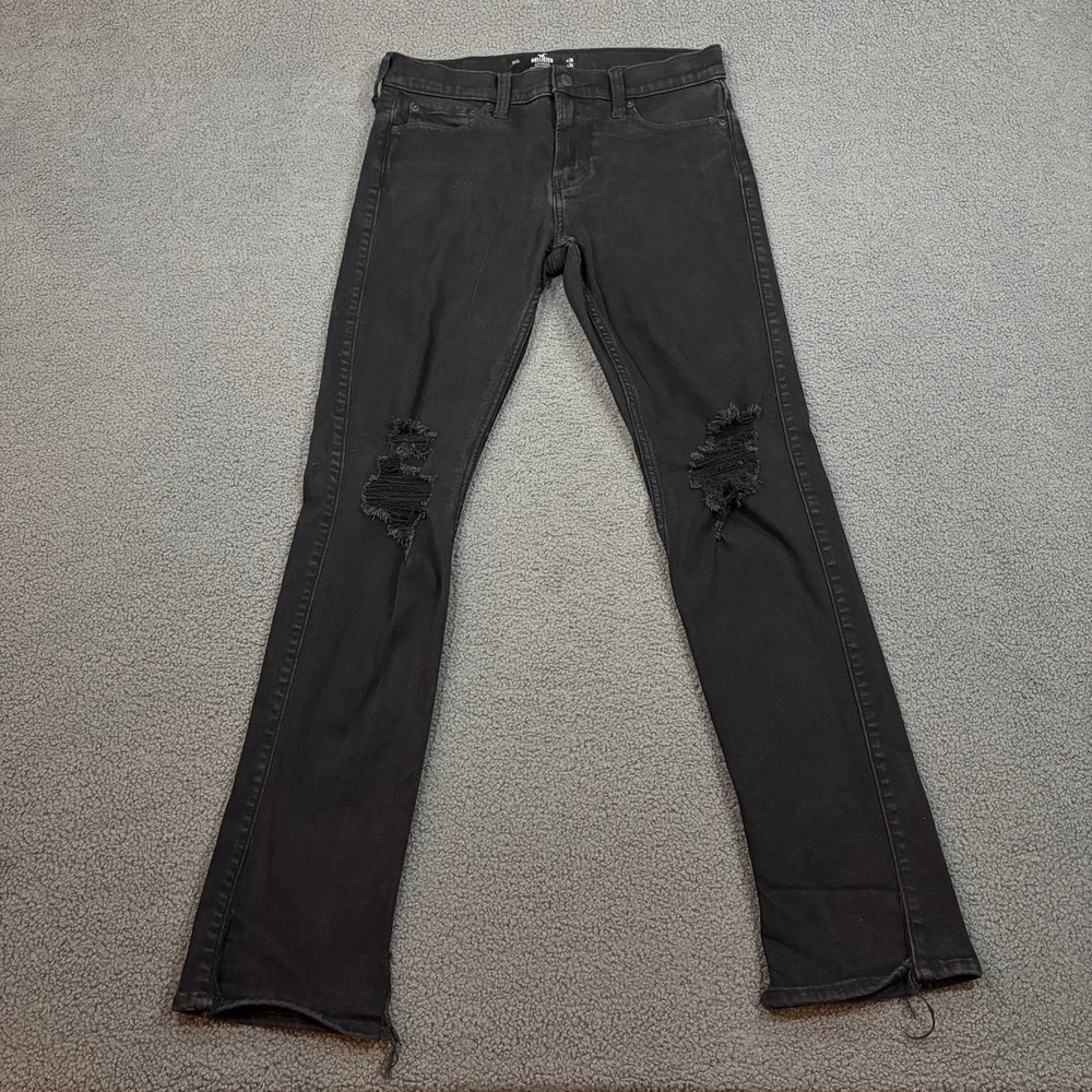 Hollister Slim Straight Jeans Mens 30x34 Black Advanced Stretch Distressed Knee